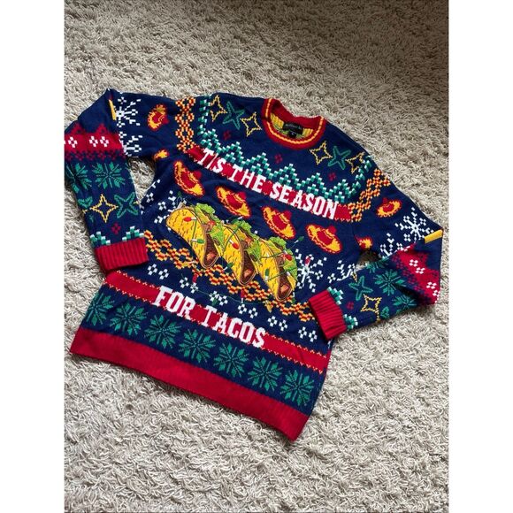 Tis the Season for Tacos Christmas Ugly Sweater Crewneck Sombreros Medium Blizza - Picture 1 of 10